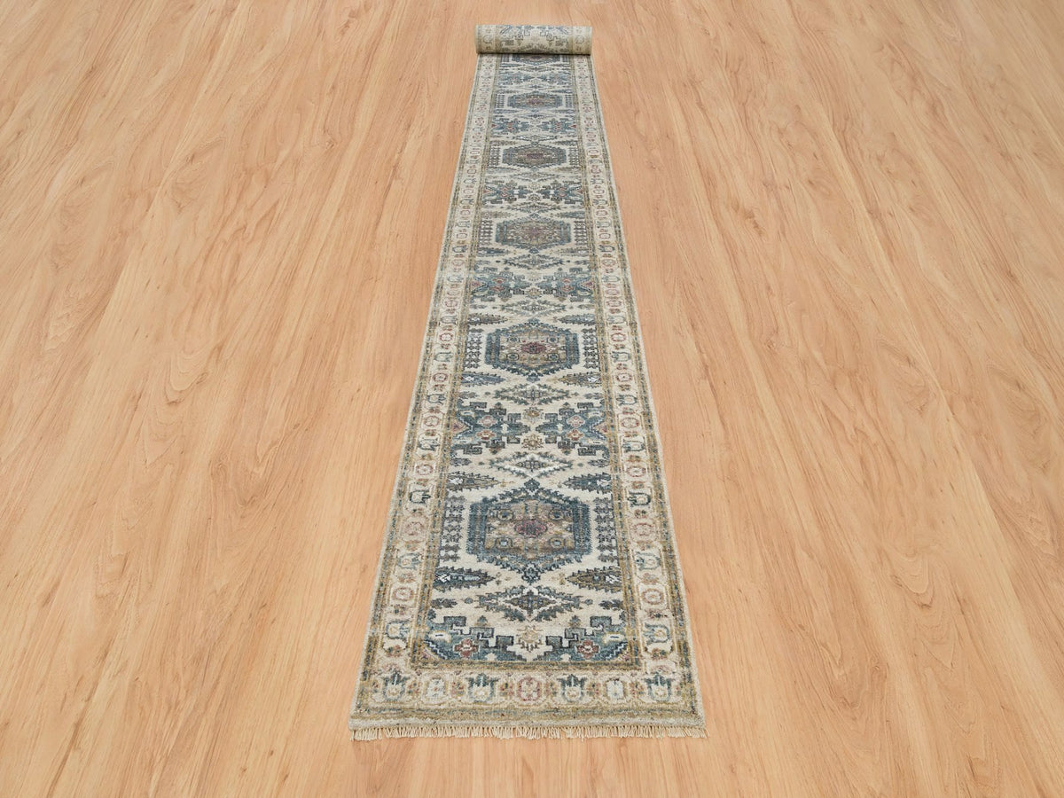Tribal & Geometric hand-knotted wool runner in Ivory & Floral White, 2'7" x 21'7" — SKU O065823 (view 2)