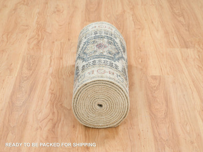 Tribal & Geometric hand-knotted wool runner in Ivory & Floral White, 2'7" x 21'7" — SKU O065823 (view 6)