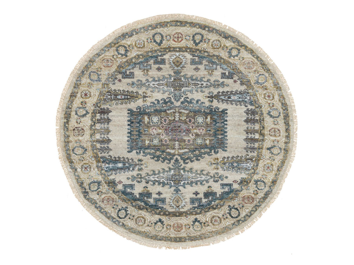 Tribal & Geometric hand-knotted wool rug in Ivory & Old Lace Ivory, 4'11" x 4'11" — SKU O065825