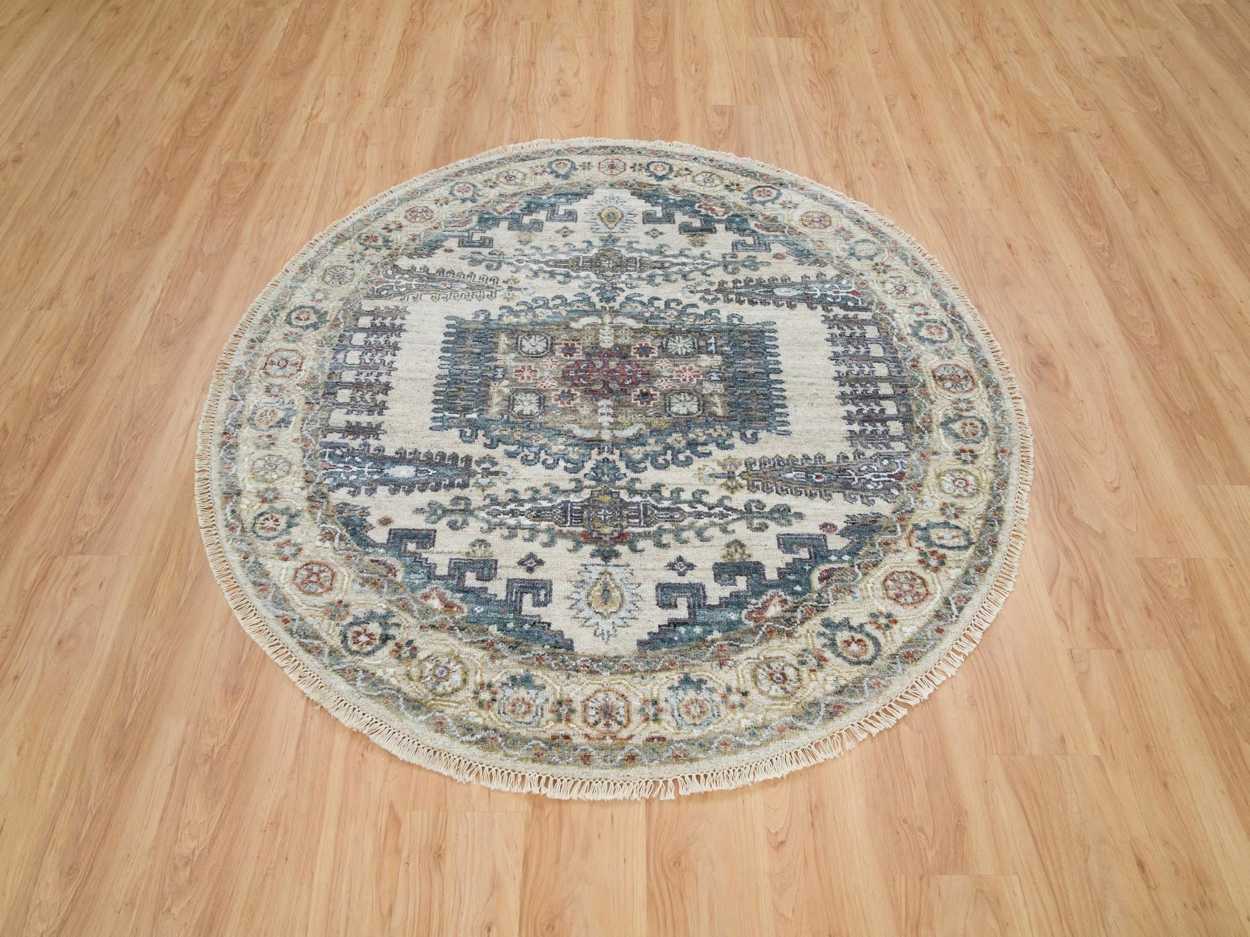 Tribal & Geometric hand-knotted wool rug in Ivory & Eggshell Ivory, 5'10" x 5'10" — SKU O065837 (view 2)
