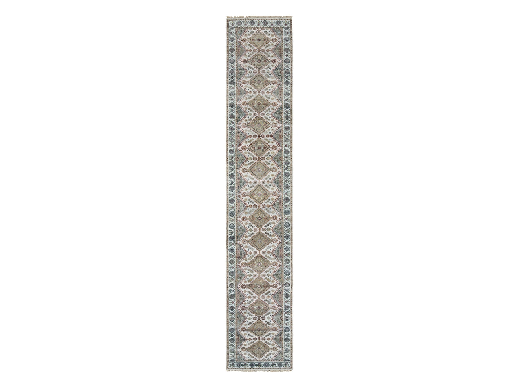 Shiraz Tribal & Geometric hand-knotted wool runner in Ivory & Swan White, 2'6" x 14'1" — SKU O065865