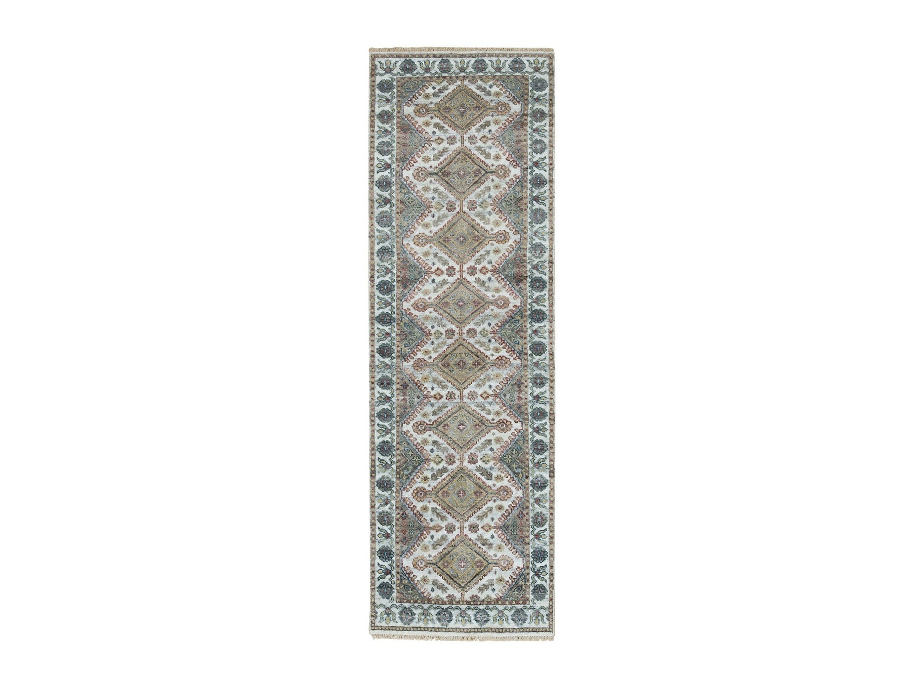 Shiraz Tribal & Geometric hand-knotted wool runner in Ivory & Lexicon White, 2'7" x 8' — SKU O065866