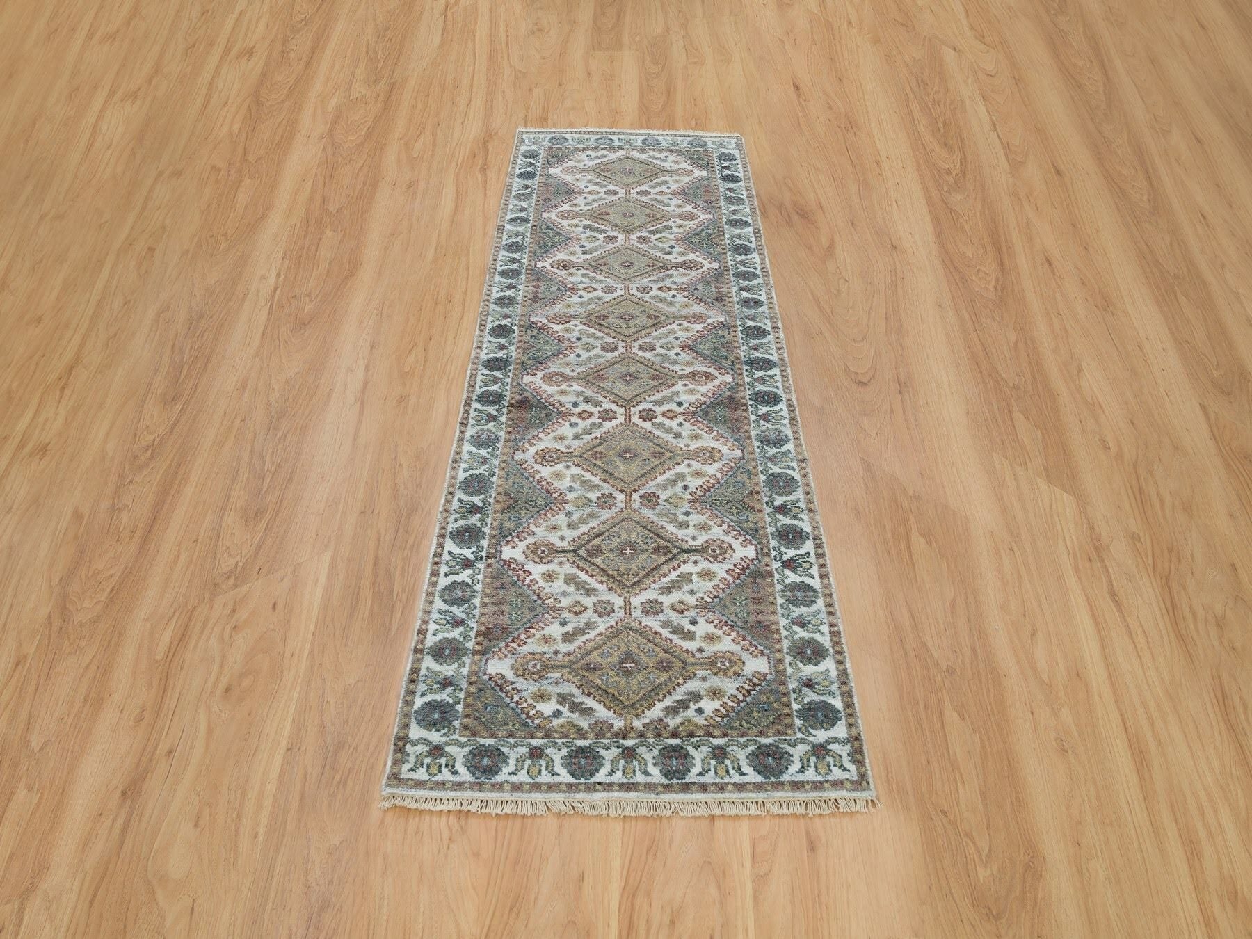 Shiraz Tribal & Geometric hand-knotted wool runner in Ivory & Lexicon White, 2'7" x 8' — SKU O065866 (view 2)