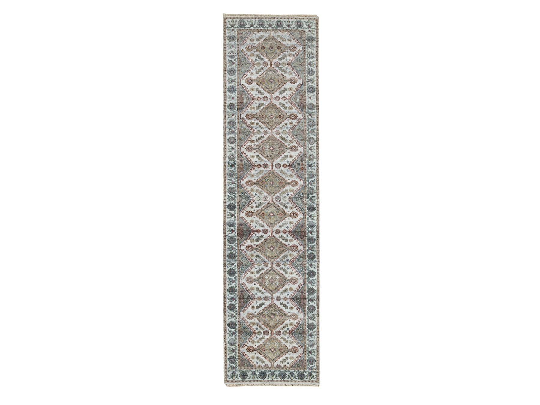 Shiraz Tribal & Geometric hand-knotted wool runner in Ivory & Anti-Flash White, 2'6" x 9'9" — SKU O065867
