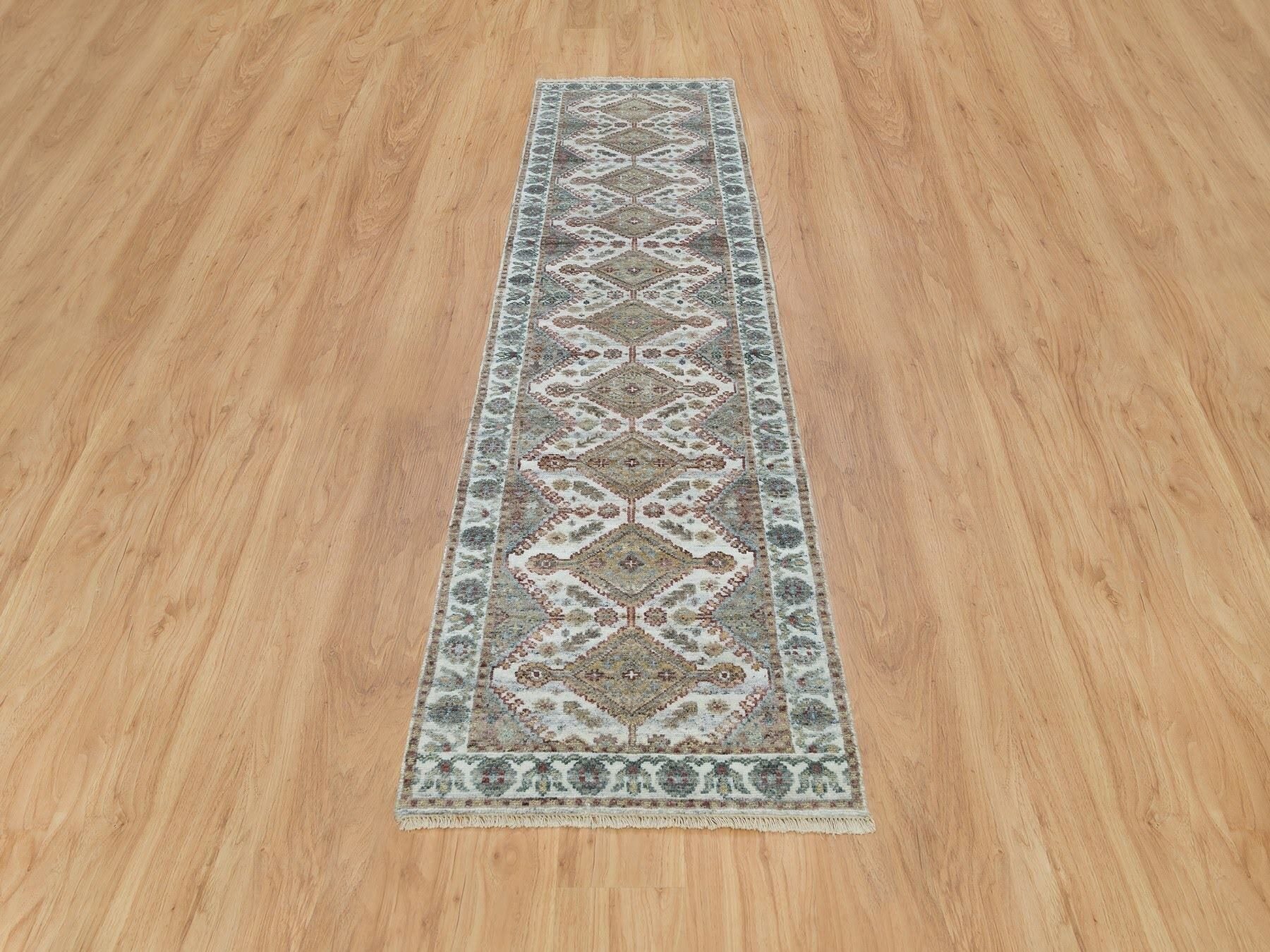 Shiraz Tribal & Geometric hand-knotted wool runner in Ivory & Anti-Flash White, 2'6" x 9'9" — SKU O065867 (view 2)