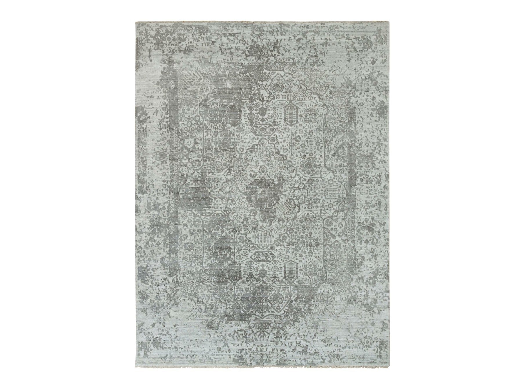 Transitional hand-knotted wool/silk rug in Gray, 8'11" x 11'11" — SKU O065873