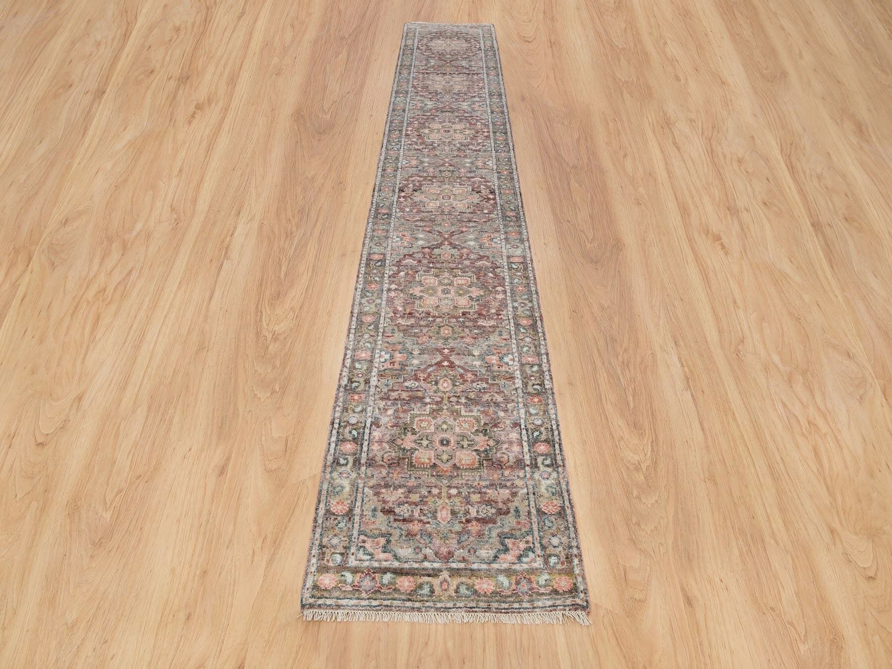 Heriz Tribal & Geometric hand-knotted wool runner in Red & Gray, 2'6" x 15'8" — SKU O065883 (view 2)