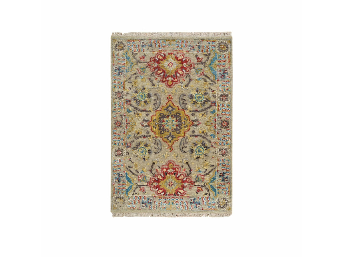 Transitional hand-knotted wool/silk rug in Beige & Khaki, 2' x 3' — SKU O065885