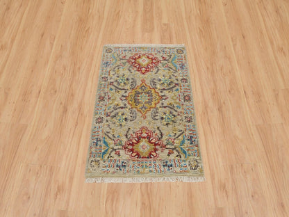 Beige 2'0" x 3'0" Transitional Hand knotted Wool/Silk Rug - Sku: O065885