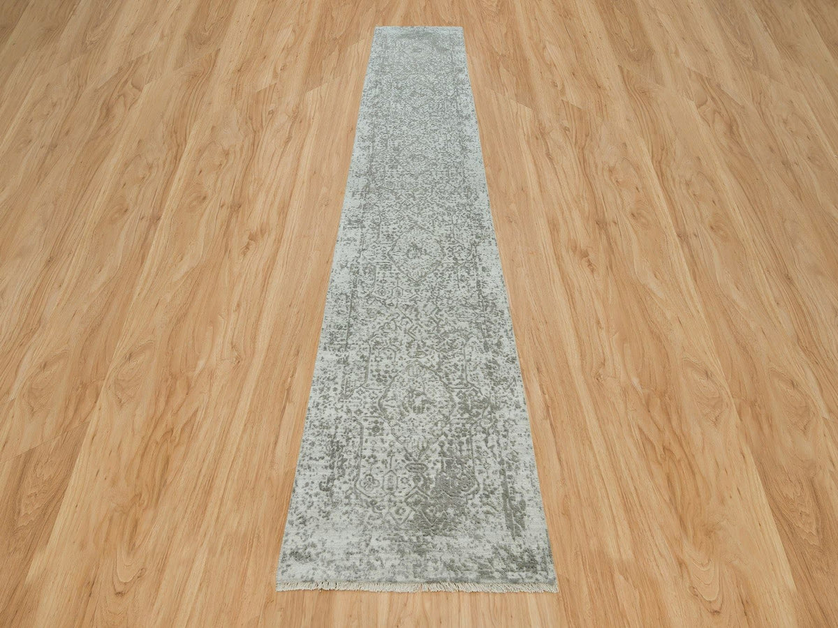 Transitional hand-knotted wool/silk runner in Gray, 2'6" x 15'10" — SKU O065890 (view 2)