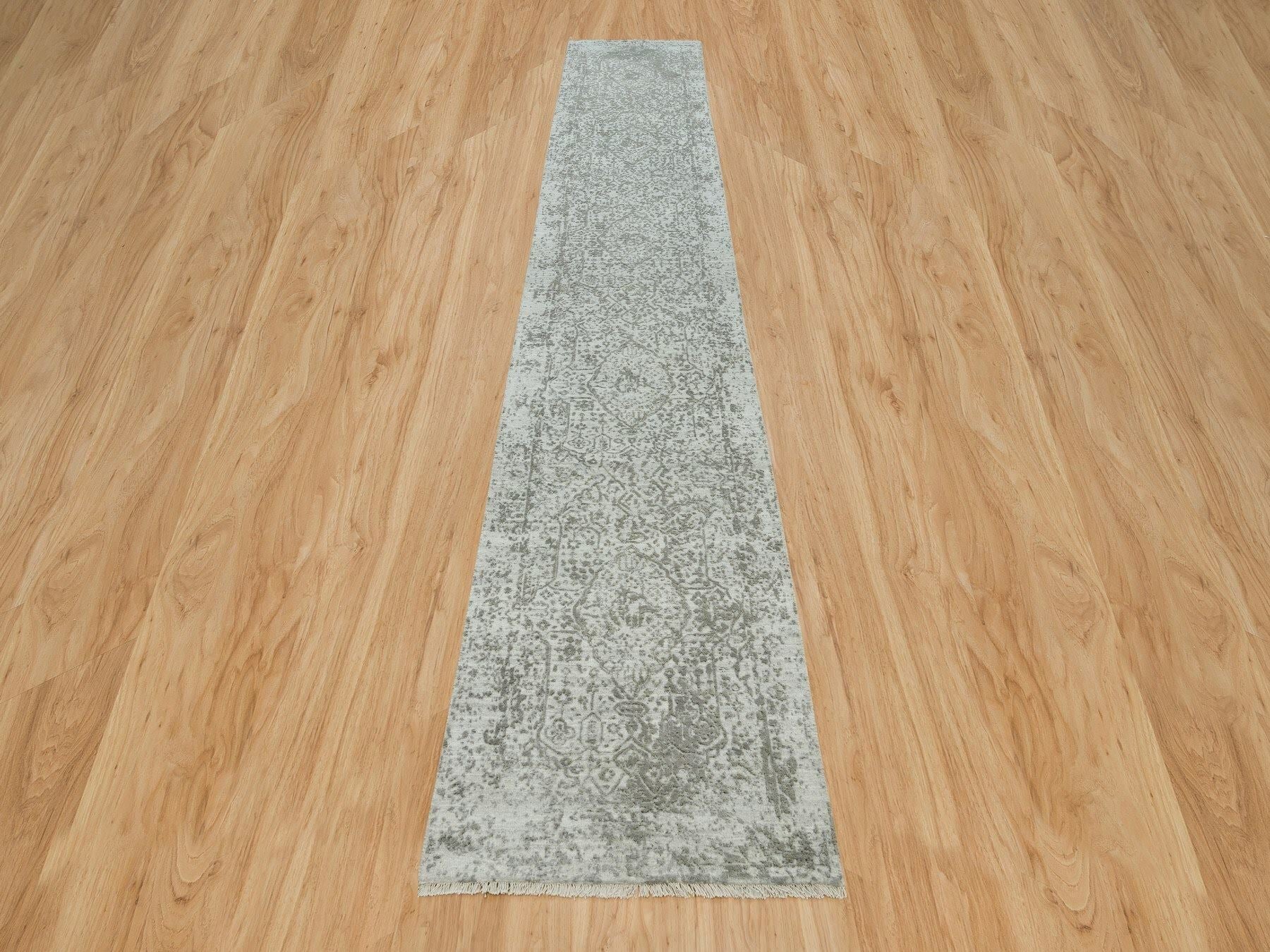 Transitional hand-knotted wool/silk runner in Gray, 2'6" x 15'10" — SKU O065890 (view 2)
