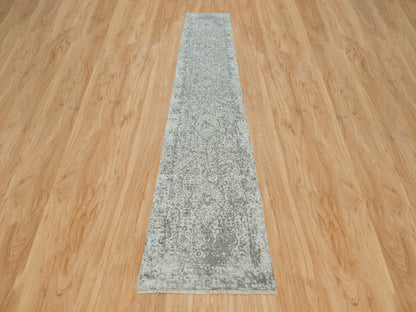 Transitional hand-knotted wool/silk runner in Gray, 2'6" x 15'10" — SKU O065890 (view 2)