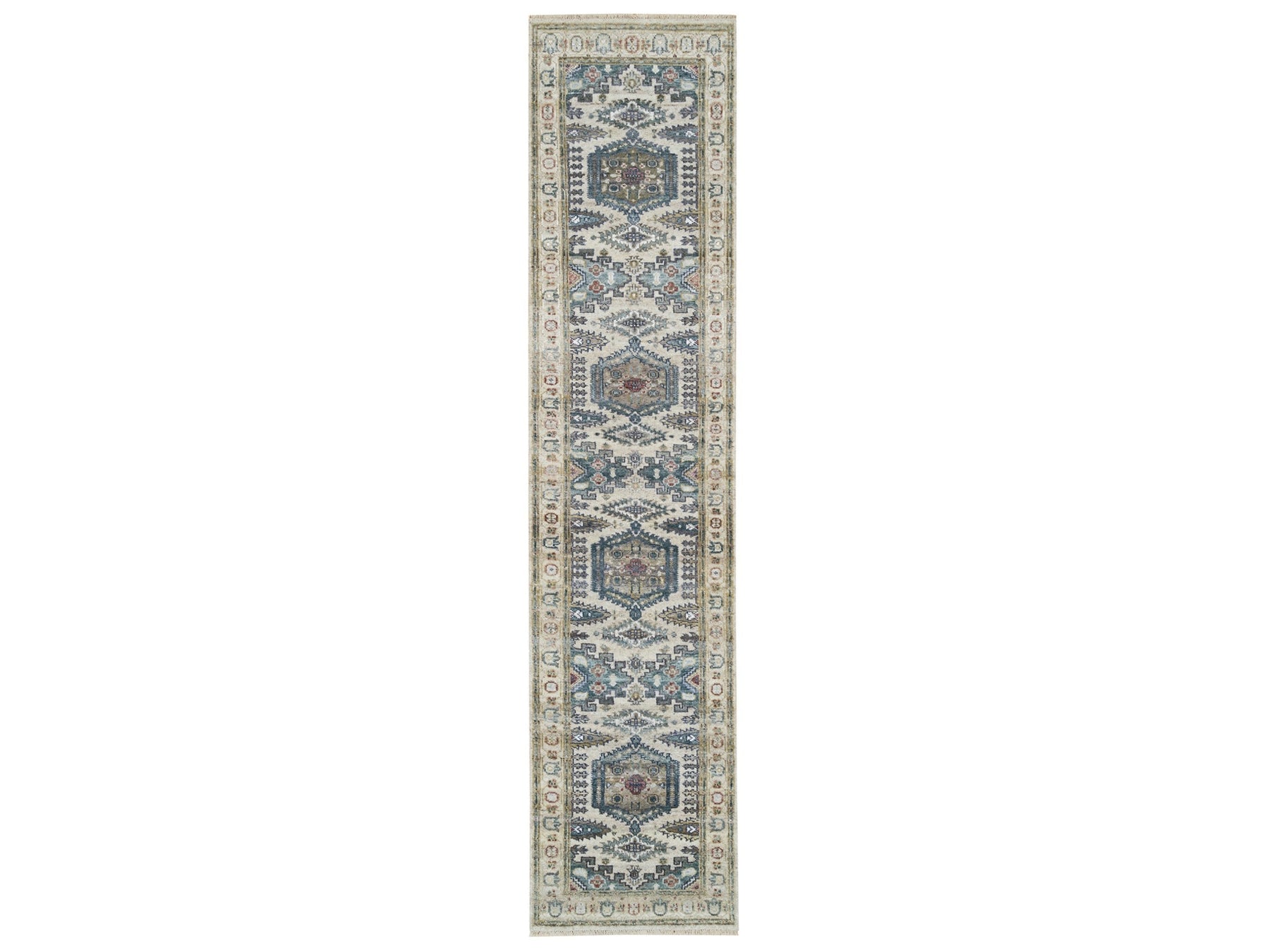 Tribal & Geometric hand-knotted wool runner in Ivory & Winter White, 2'6" x 11'8" — SKU O065893