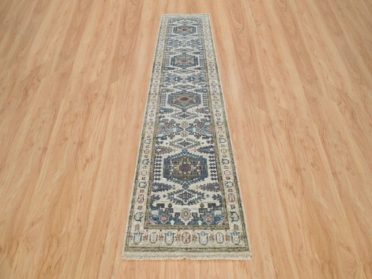 Tribal & Geometric hand-knotted wool runner in Ivory & Winter White, 2'6" x 11'8" — SKU O065893 (view 2)