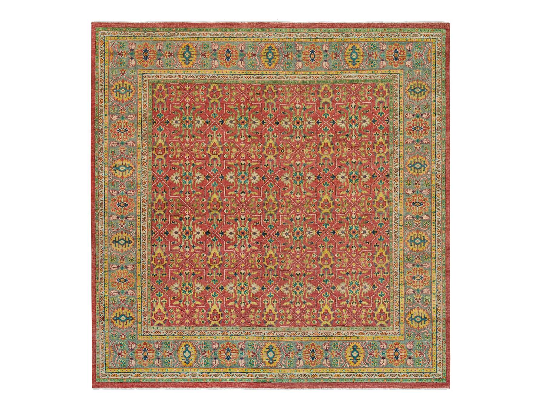 Oushak Oushak hand-knotted wool rug in Red & Artichoke Green, 14' x 14' — SKU O065928