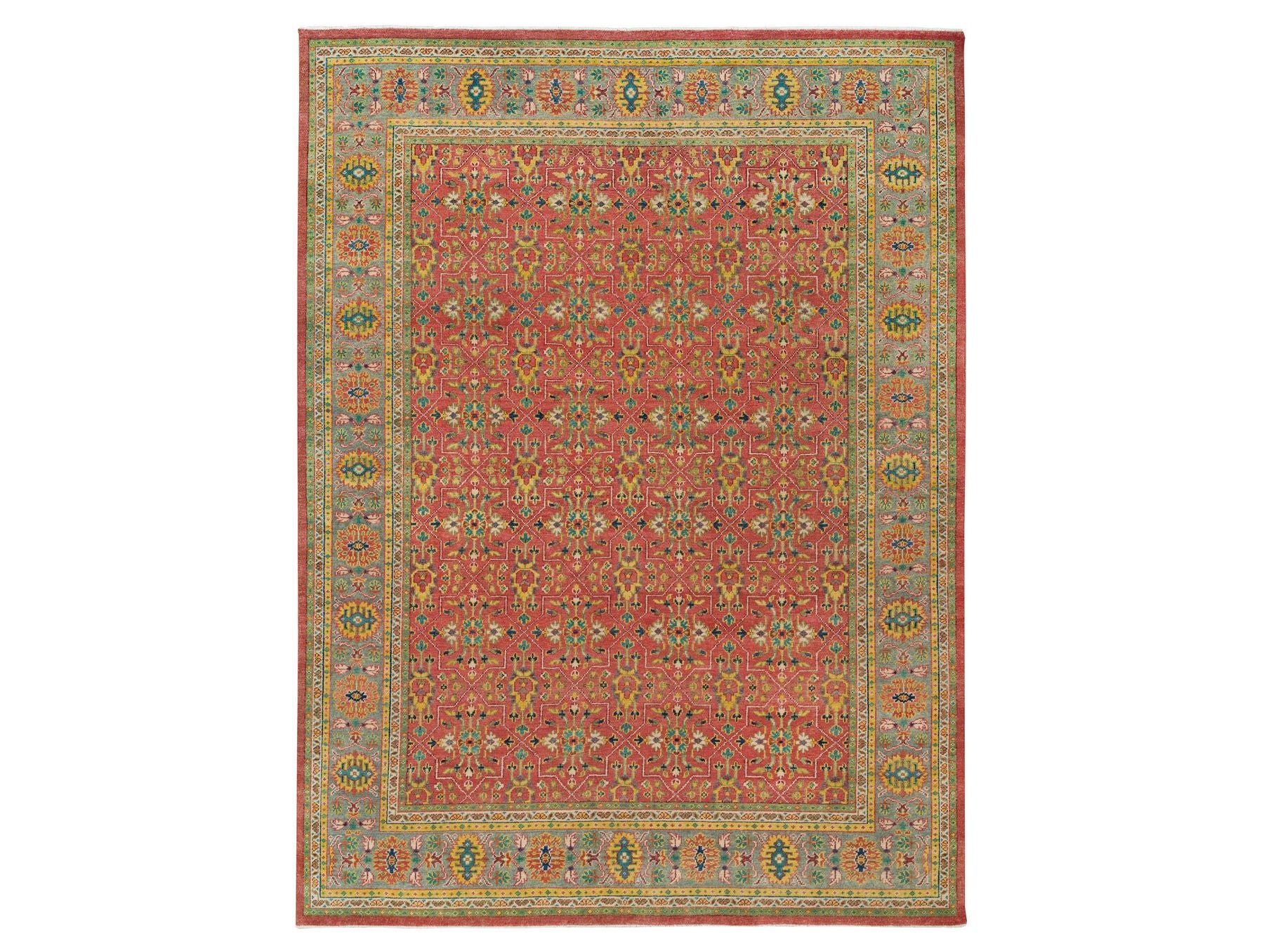 Oushak Oushak hand-knotted wool rug in Red & Artichoke Green, 14' x 16'5" — SKU O065930