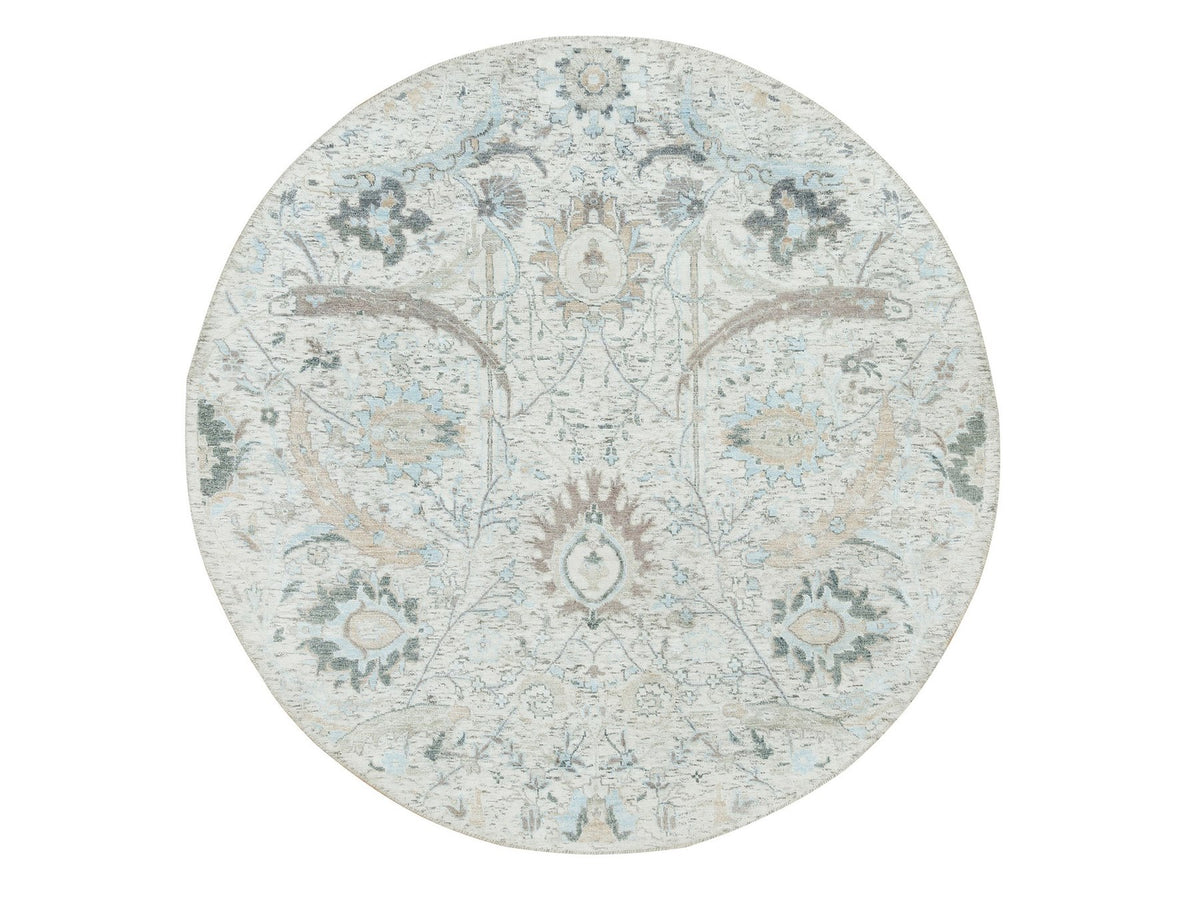 Transitional hand-knotted wool/silk rug in Ivory, 5' x 5' — SKU O065934