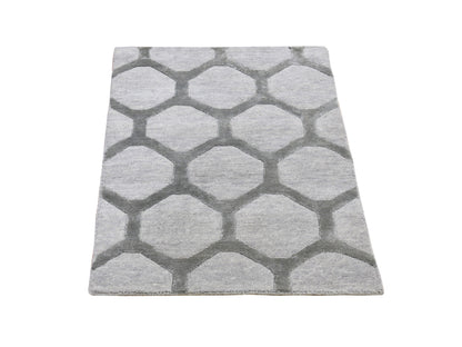 Grey 2'0" x 3'0" Modern / Contemporary Hand knotted Wool/Silk Rug - Sku: O066164