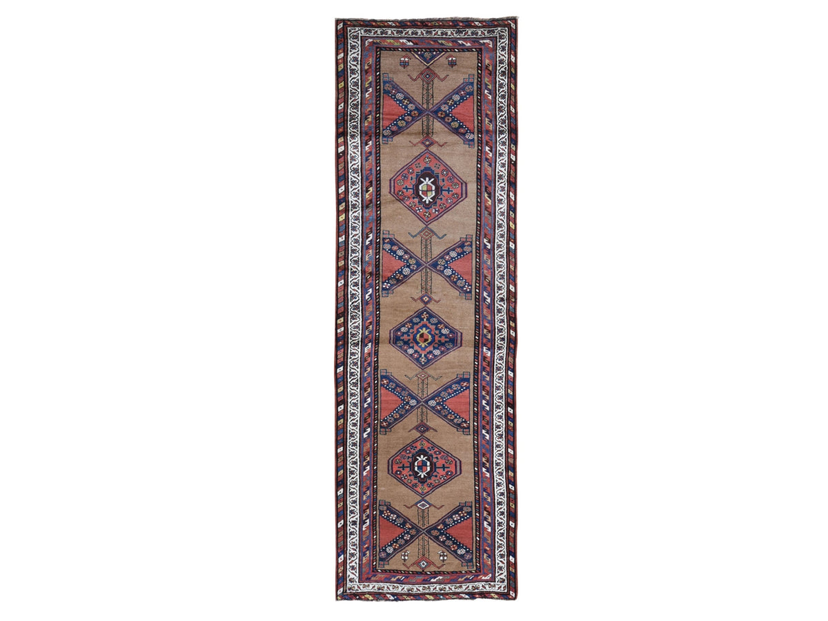 Antique hand-knotted wool runner in Brown & Ivory, 3'9" x 12'2" — SKU O066185