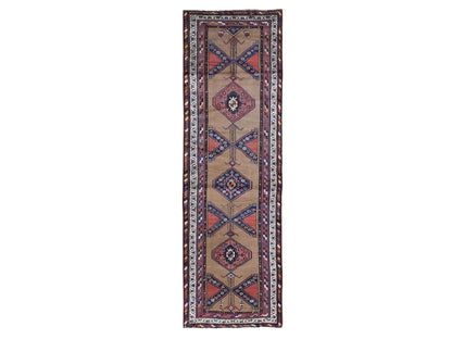 Antique hand-knotted wool runner in Brown & Ivory, 3'9" x 12'2" — SKU O066185