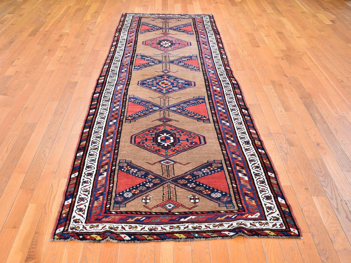 Antique hand-knotted wool runner in Brown & Ivory, 3'9" x 12'2" — SKU O066185 (view 2)