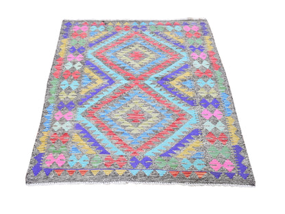 Multicolored 3'3" x 5'0" Flatweave / Kilim Hand woven Wool Rug - Sku: O066186