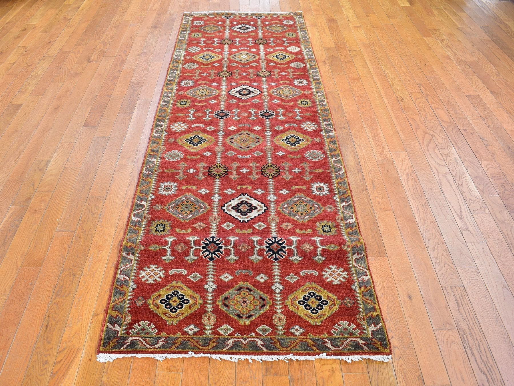 Red 3'2" x 10'0" Tribal Hand knotted Wool Rug - Sku: O066190
