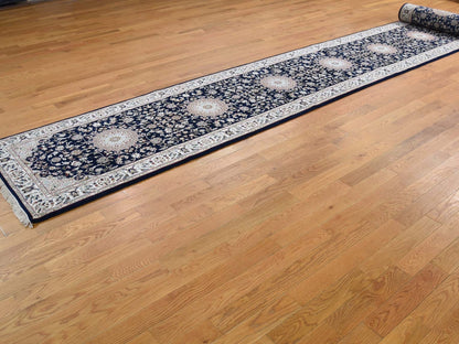 Nain Fine Oriental hand-knotted wool runner in Blue & Ivory, 3' x 18' — SKU O066228 (view 3)