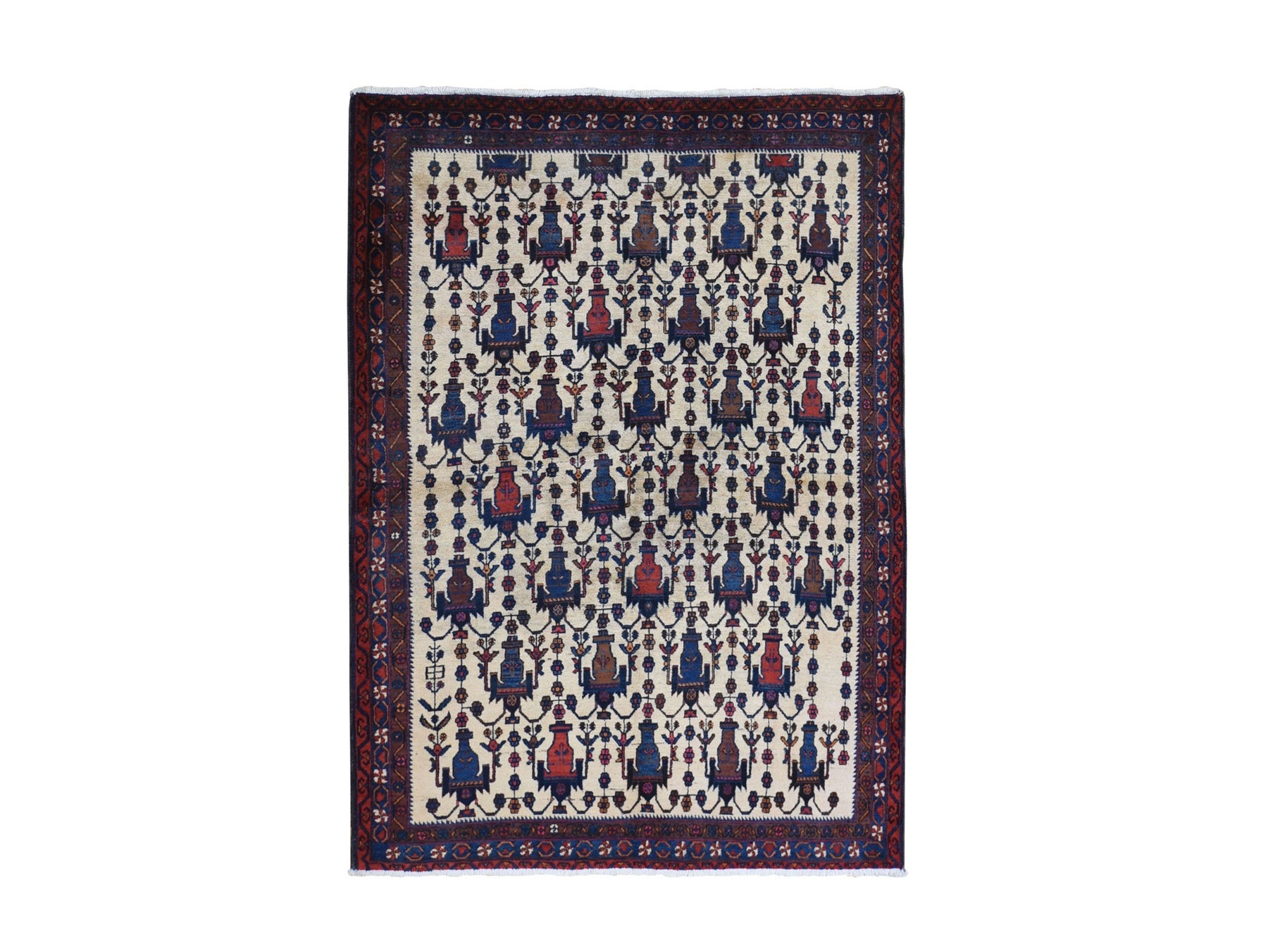 Persian hand-knotted wool rug in Ivory & Navy Blue, 4'10" x 7' — SKU O066315
