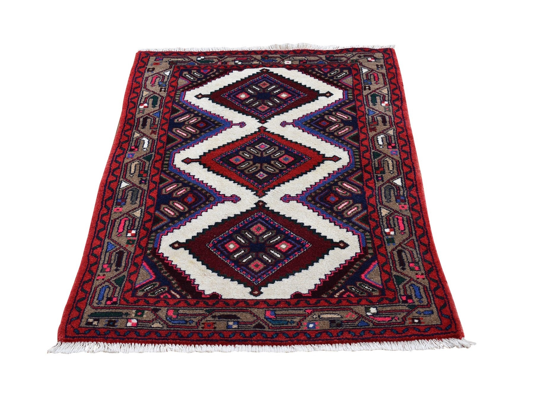 Hamadan Persian hand-knotted wool rug in Ivory & Brown, 2'8" x 4'1" — SKU O066320