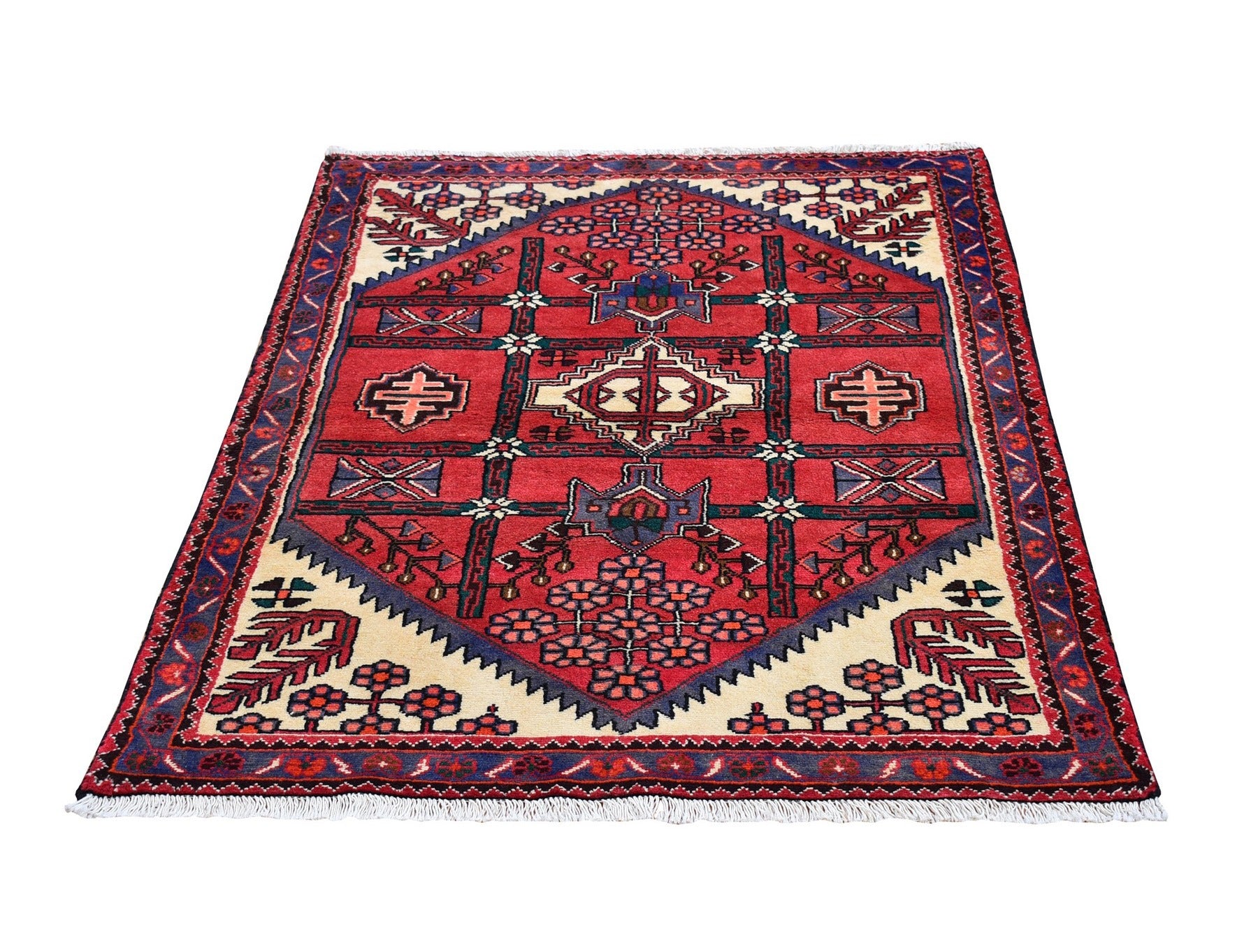 Hamadan Persian hand-knotted wool rug in Red & Denim Blue, 3'5" x 4'10" — SKU O066326