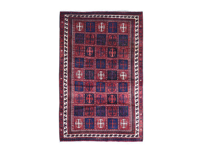 Hamadan Persian hand-knotted wool rug in Red & Ivory, 5'8" x 8'6" — SKU O066341
