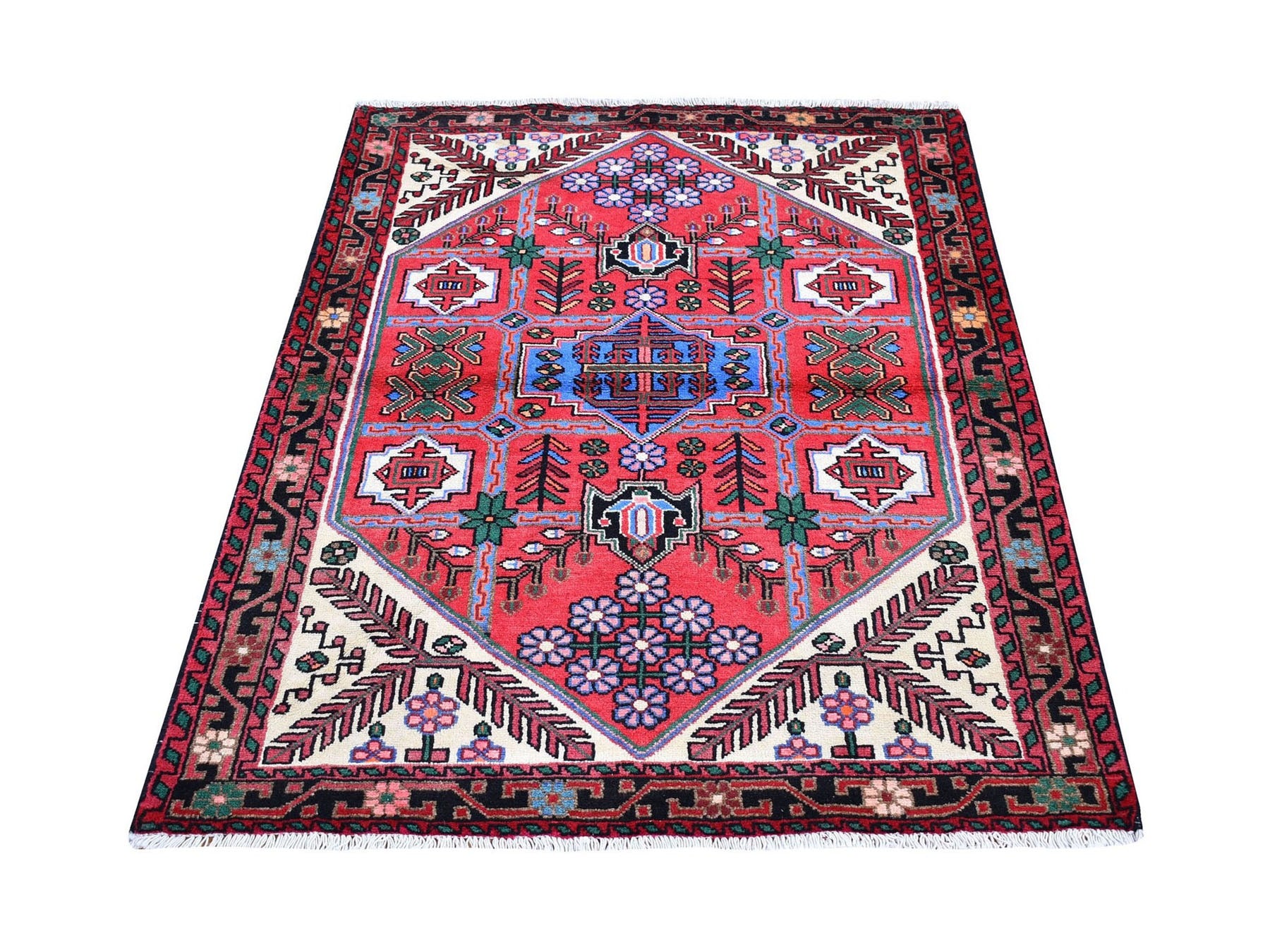Hamadan Persian hand-knotted wool rug in Red & Charcoal Black, 3'8" x 5'3" — SKU O066345