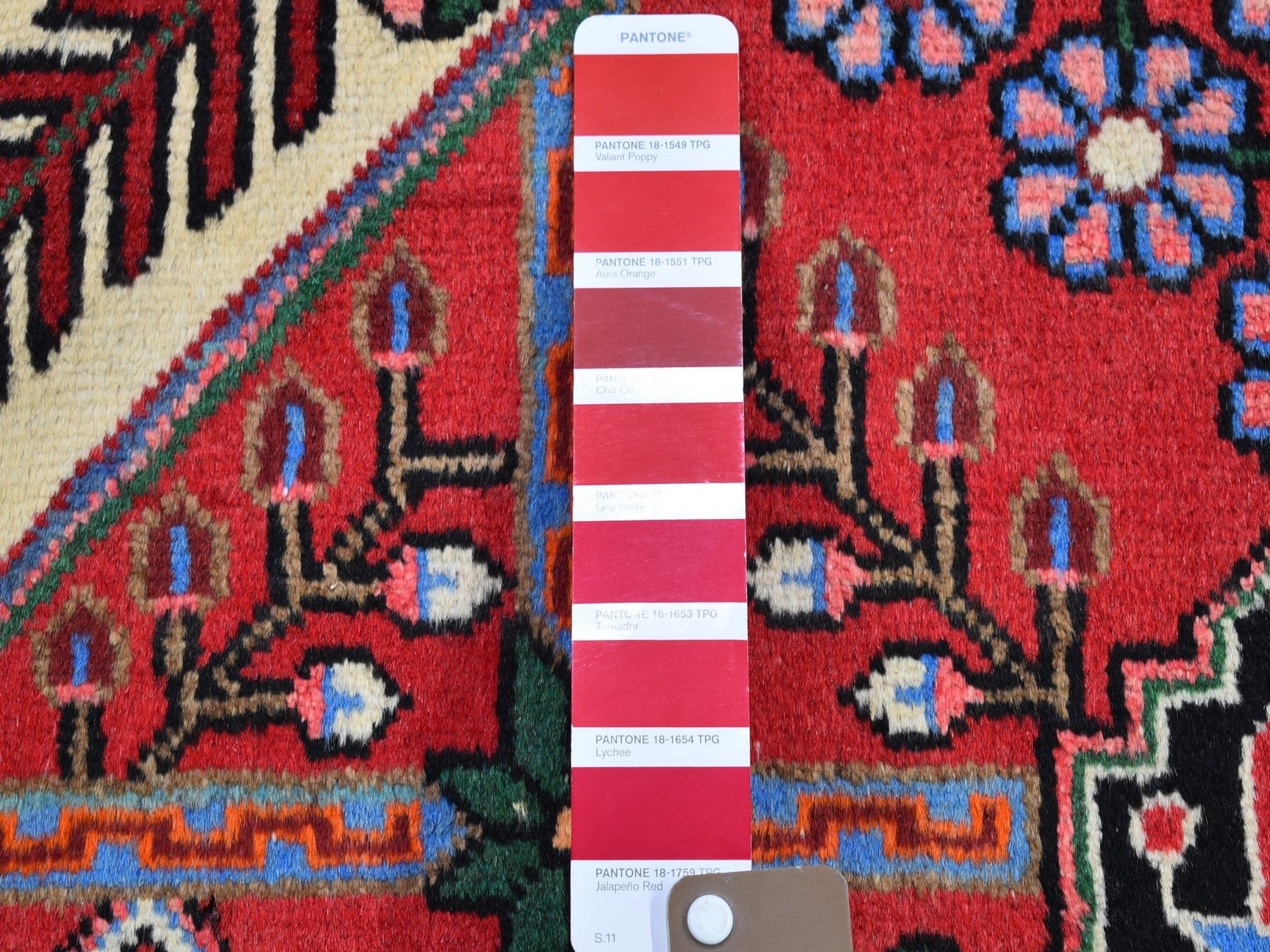 Hamadan Persian hand-knotted wool rug in Red & Charcoal Black, 3'8" x 5'3" — SKU O066345 (view 2)