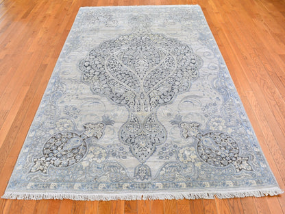 Transitional hand-knotted wool/silk rug in Ivory, 6' x 9'2" — SKU O066355 (view 2)