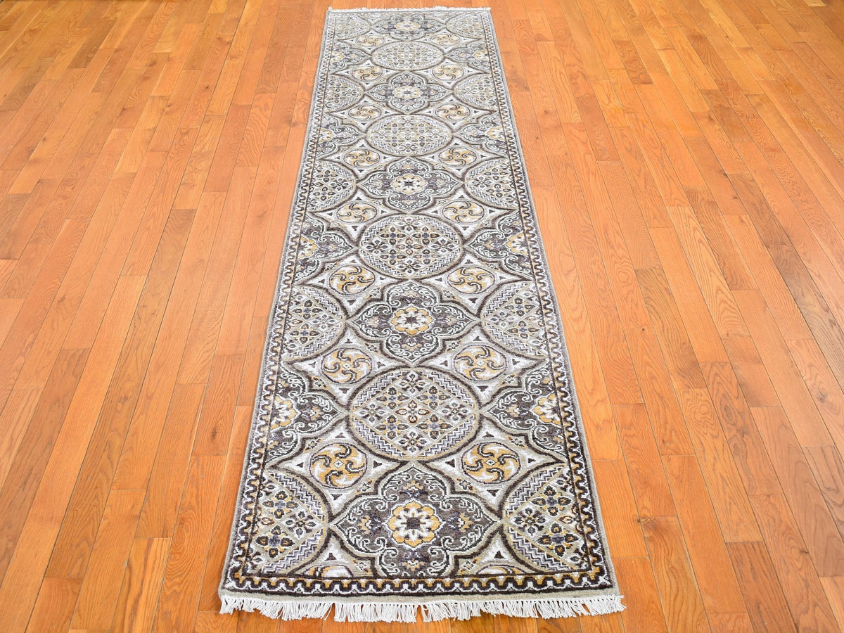 Transitional hand-knotted wool/silk runner in Brown, 2'6" x 10'1" — SKU O066356 (view 2)