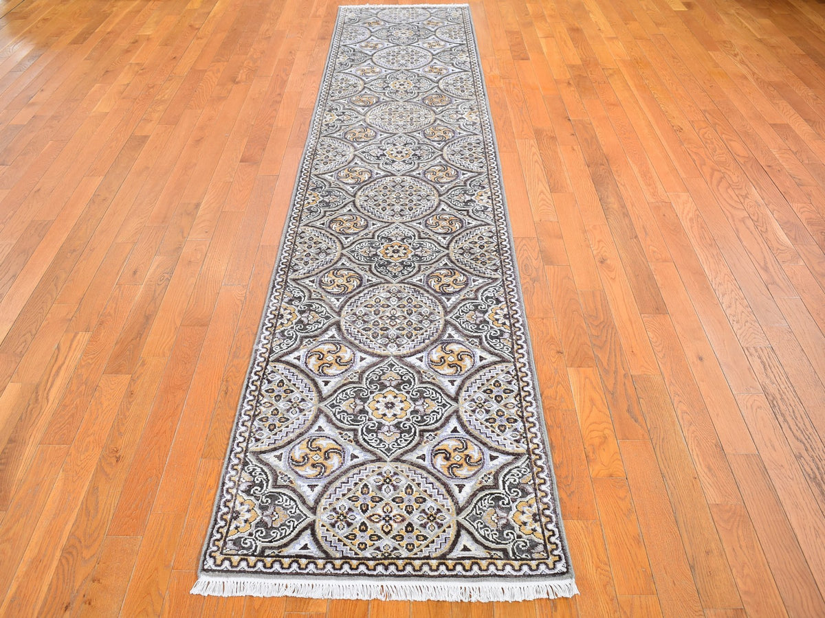 Transitional hand-knotted wool/silk runner in Brown, 2'6" x 12'3" — SKU O066357 (view 2)