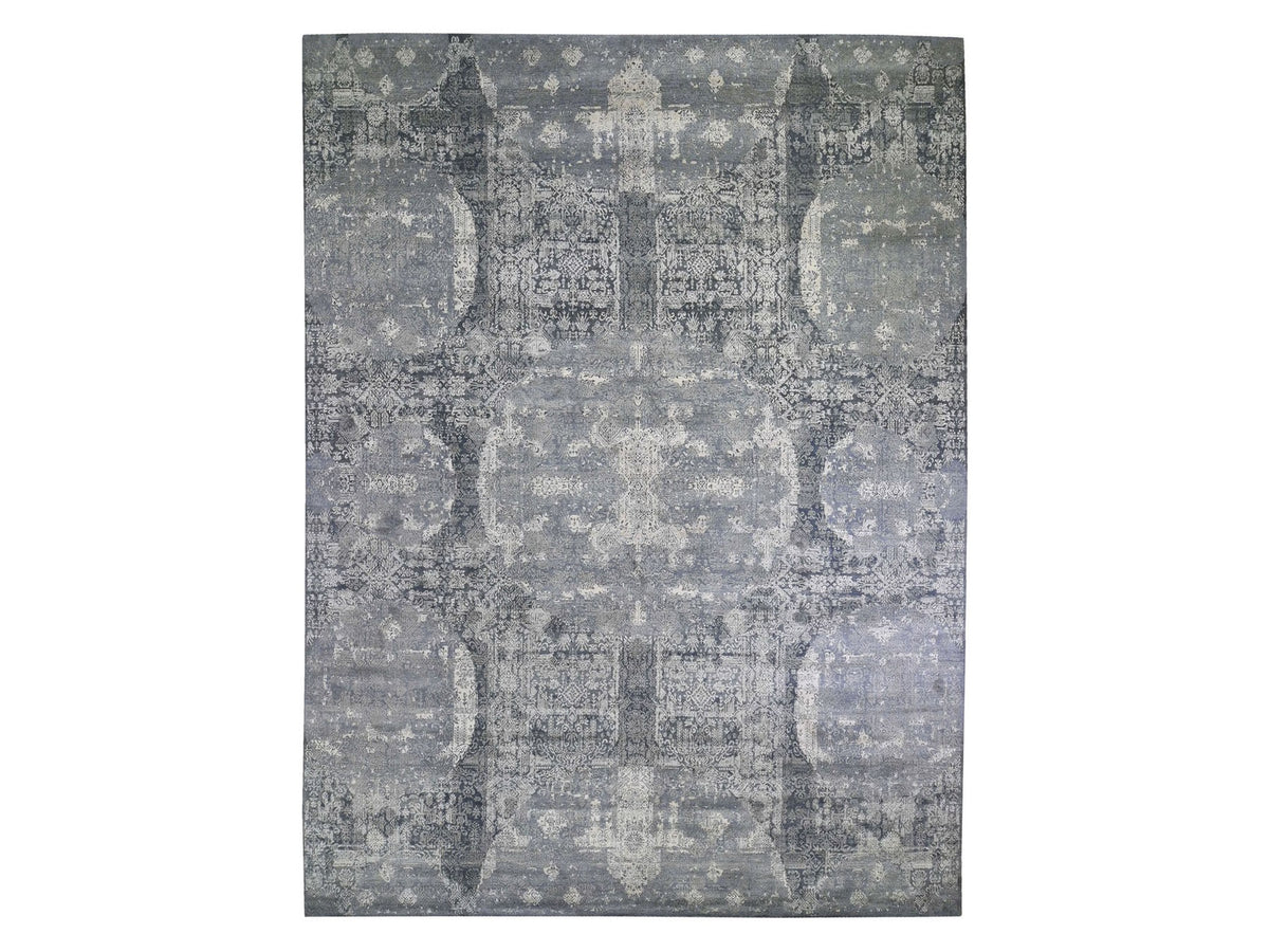 Transitional hand-knotted wool/pure silk rug in Gray, 12' x 15'1" — SKU O066364