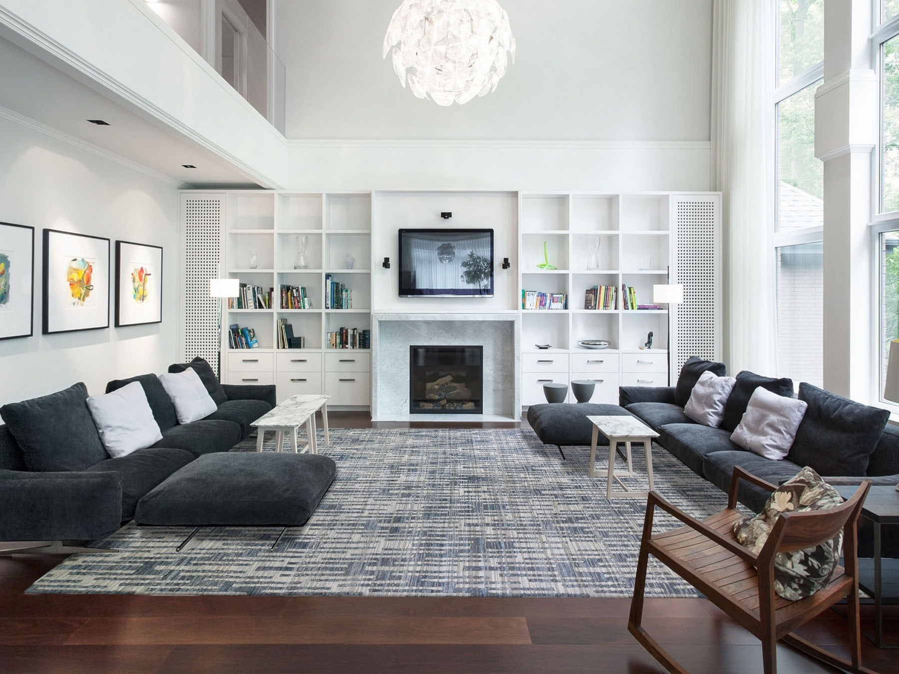Modern / Contemporary hand-knotted wool/silk rug in Blue, 12' x 12' — SKU O066386 (view 2)