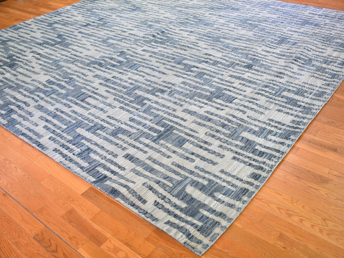 Modern / Contemporary hand-knotted wool/silk rug in Blue, 12' x 12' — SKU O066386 (view 4)