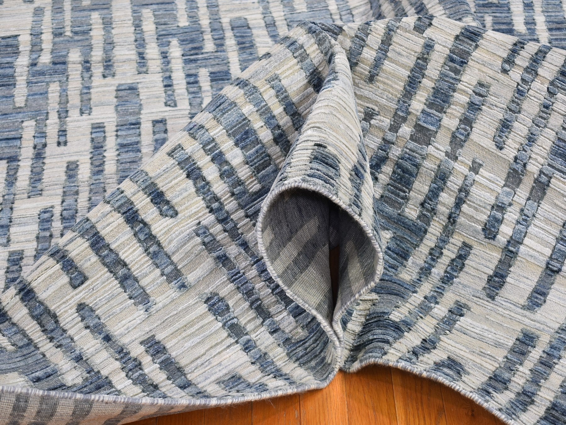 Modern / Contemporary hand-knotted wool/silk rug in Blue, 12' x 12' — SKU O066386 (view 6)