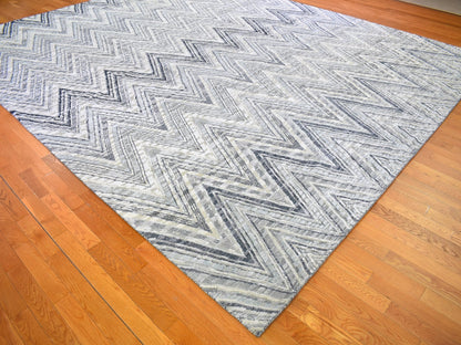 Grey 11'10" x 15'0" Modern / Contemporary Hand knotted Wool/Silk Rug - Sku: O066387