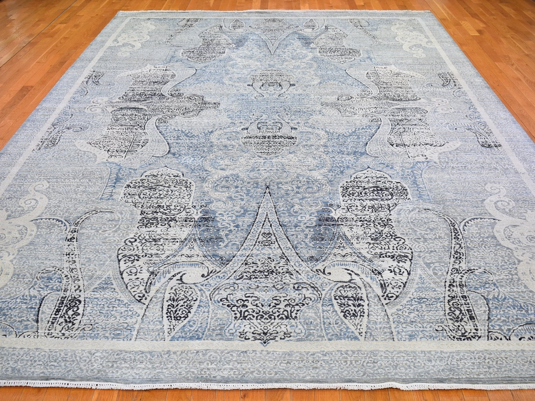 Transitional hand-knotted wool/silk rug in Blue, 10'3" x 14'3" — SKU O066392 (view 2)