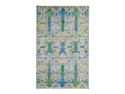 Modern / Contemporary hand-knotted wool/silk rug in Green, 6' x 9'4" — SKU O066452