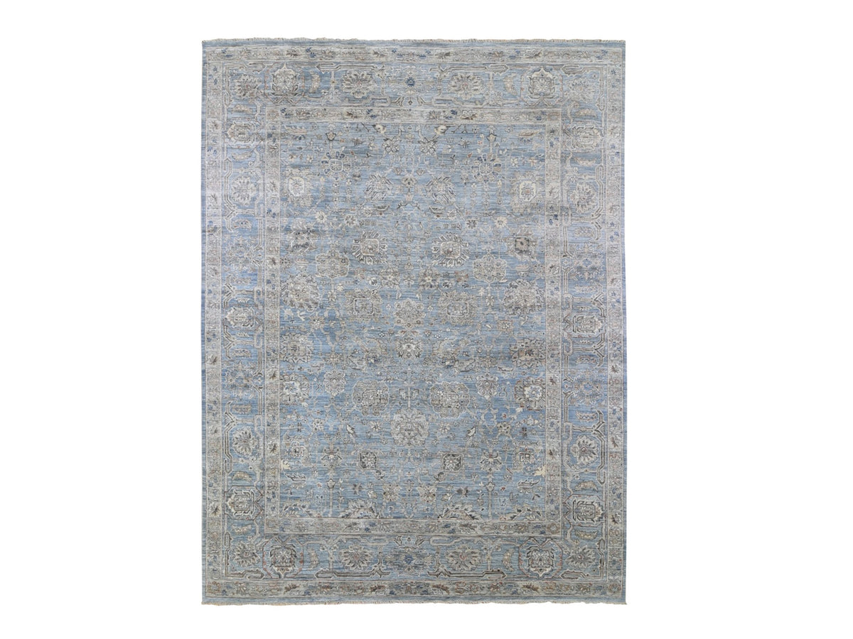 Heriz Oushak hand-knotted wool/silk rug in Blue & Blue Heaven, 9' x 12' — SKU O066478