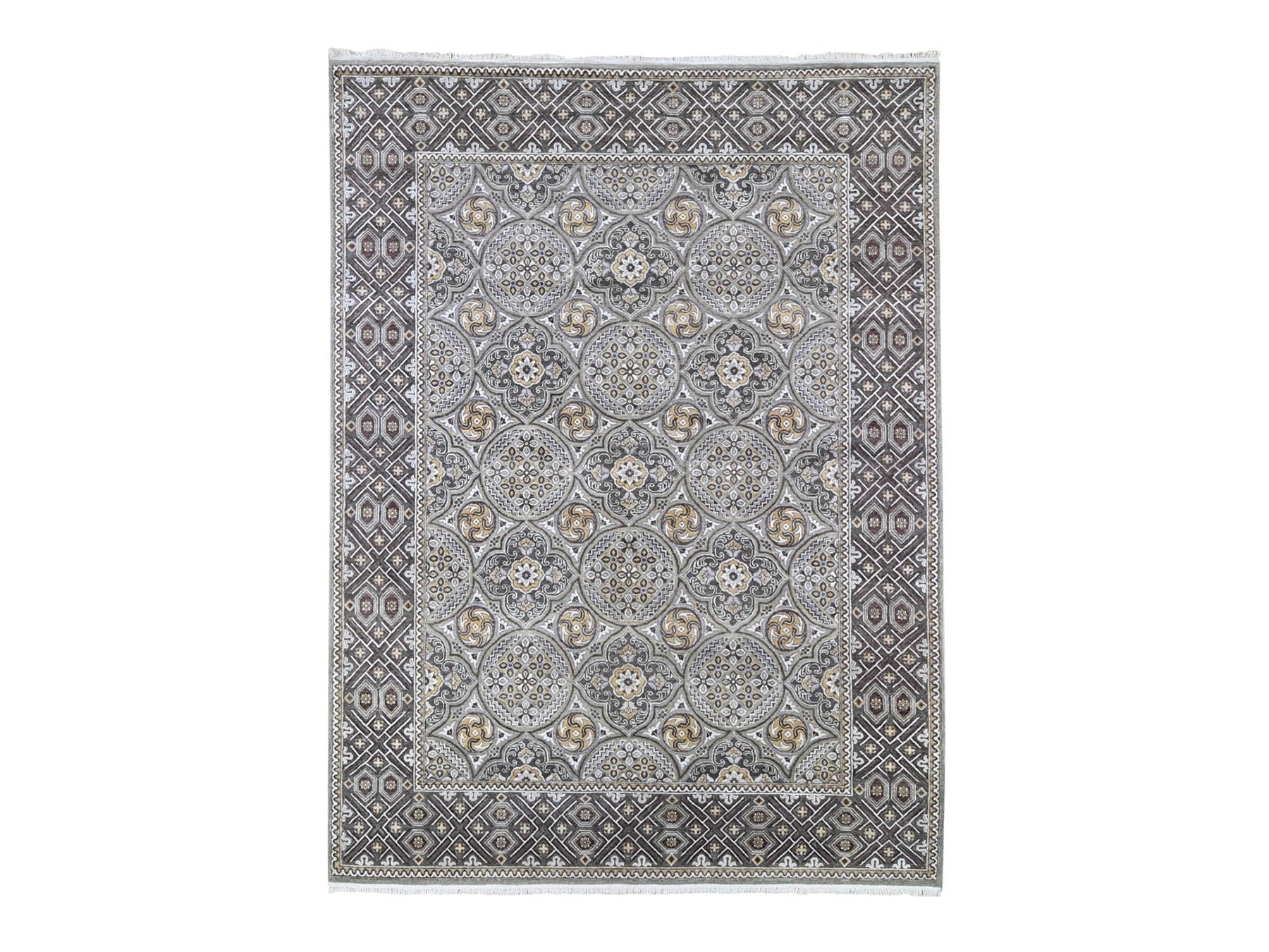 Transitional hand-knotted wool/silk rug in Brown, 9' x 12'2" — SKU O066479