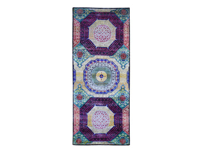 Yellow 4'1" x 10'4" Traditional Hand knotted Wool/Silk Rug - Sku: O066494