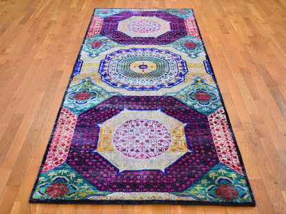 Yellow 4'1" x 10'4" Traditional Hand knotted Wool/Silk Rug - Sku: O066494