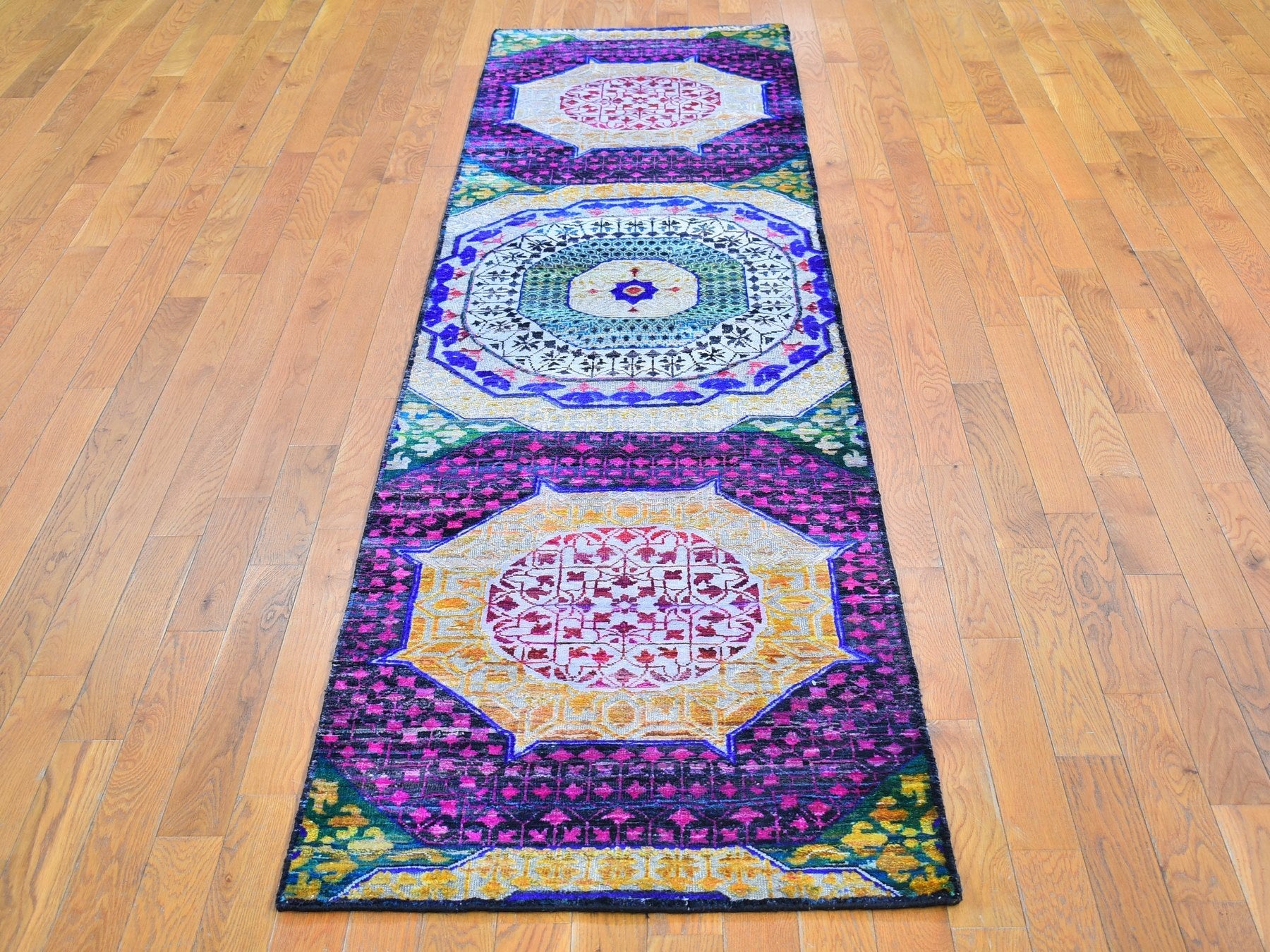 Yellow 2'6" x 10'4" Traditional Hand knotted Wool/Silk Rug - Sku: O066496