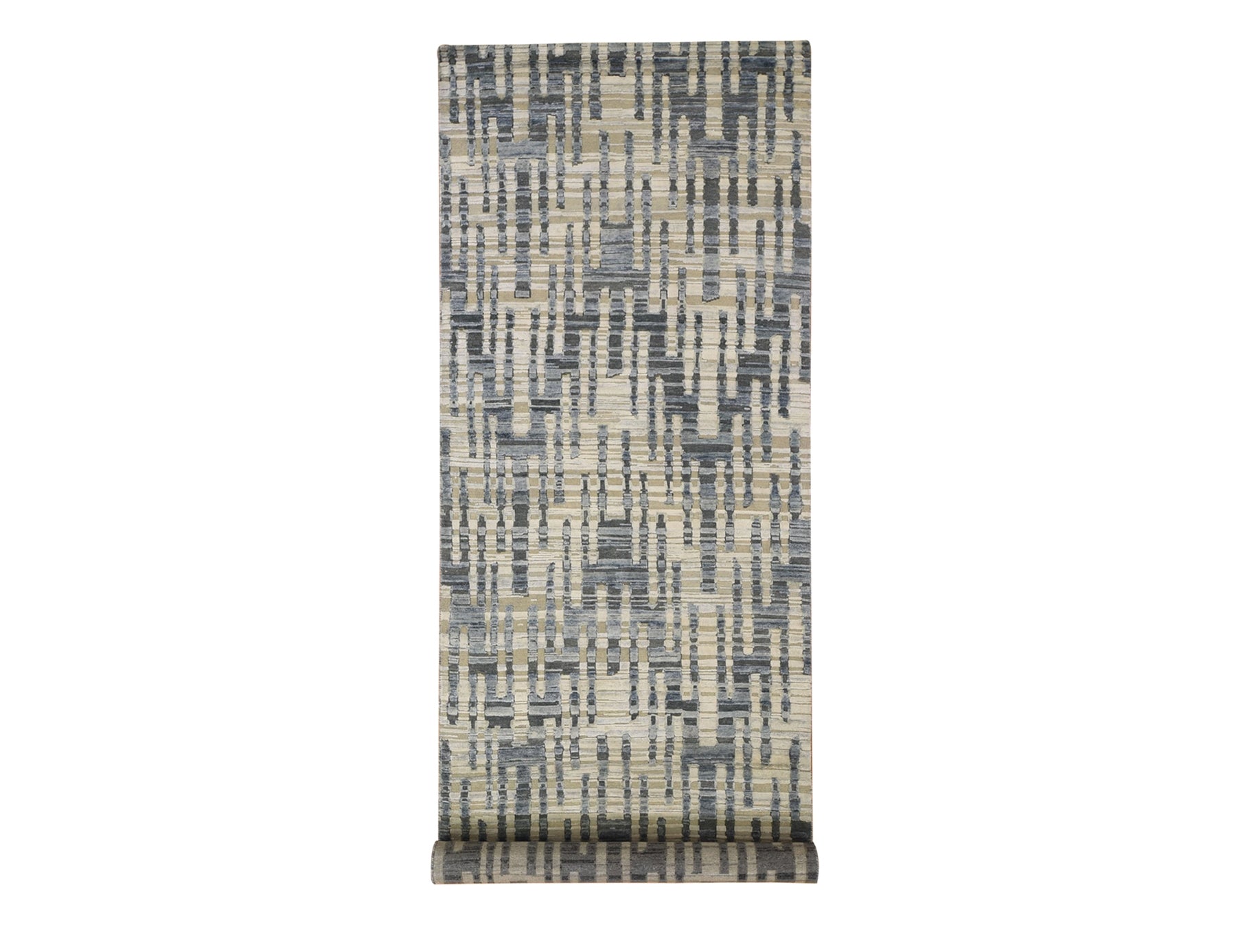Modern / Contemporary hand-knotted wool/silk rug in Blue, 4' x 12'4" — SKU O066518